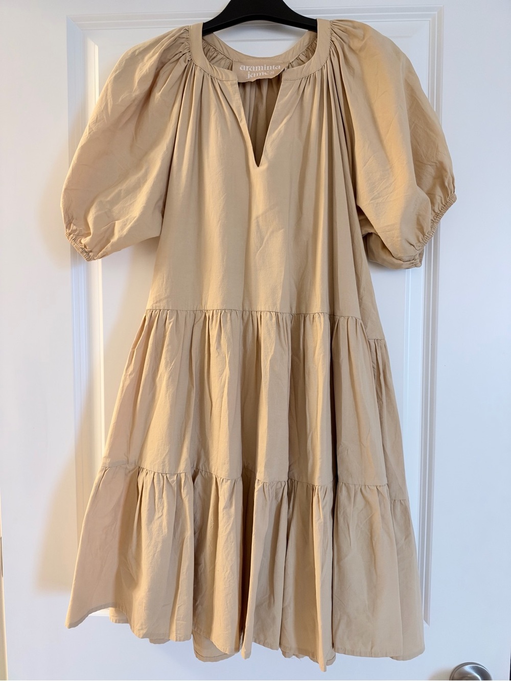 Araminta James Beige Tiered Puff Sleeve Midi Dress S